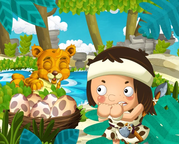 动画片场面与穴居人在丛林与佩剑牙老虎在河附近在背景 例证为孩子 — 图库照片