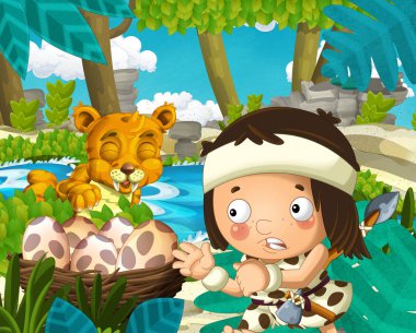 Kılıç dişli kaplan yakınındaki nehrin içinde belgili tanımlık geçmiş - çocuklar için illüstrasyon ile ormanda mağara adamı ile çizgi film sahne