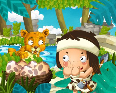 Kılıç dişli kaplan yakınındaki nehrin içinde belgili tanımlık geçmiş - çocuklar için illüstrasyon ile ormanda mağara adamı ile çizgi film sahne