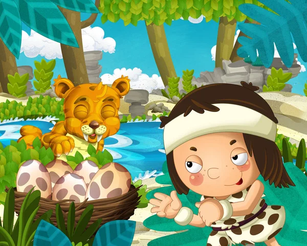 Cartoon Scene Caveman Jungle Sabre Tooth Tiger River Background Illustration — Stock Photo, Image