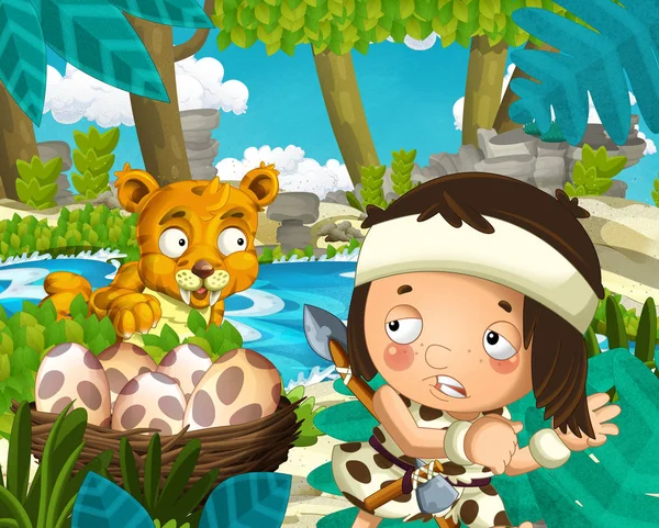 Cartoon Scene Caveman Jungle Sabre Tooth Tiger River Background Illustration — Stock Photo, Image