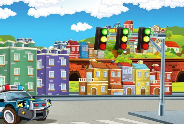 Şehir sokakları - devriye polis arabası illüstrasyon çocuklar için çizgi film sahne