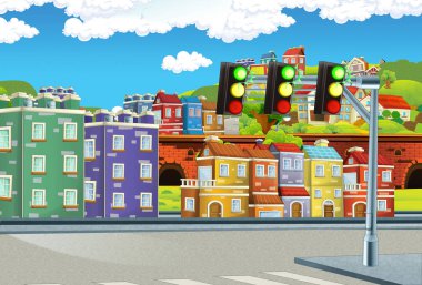 farklı kullanım için şehrin ortasındaki mutlu ve komik bir sahne - çocuklar için illüstrasyon