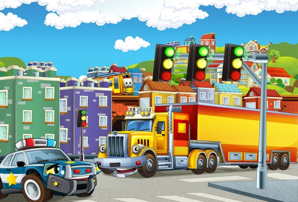 Cena dos desenhos animados com caminhão grande com reboque de caminhão no meio de uma cidade e carro de polícia ajudando ilustração para crianças — Fotografia de Stock