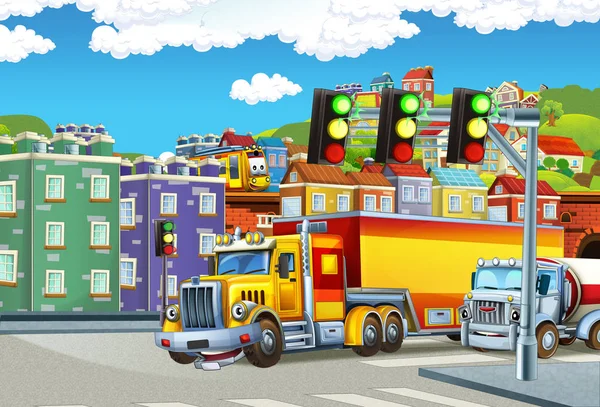 子供のための図の真ん中にトラックのトレーラーには大きなトラックの漫画シーン — ストック写真