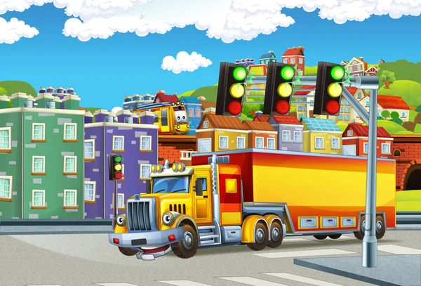 Escena Dibujos Animados Con Camión Grande Con Remolque Camión Medio — Foto de Stock