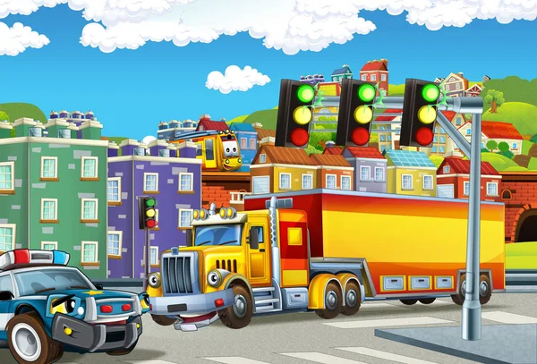 Scène de dessin animé avec grand camion avec camion remorque au milieu d'une ville et voiture de police aider illustration pour les enfants — Photo