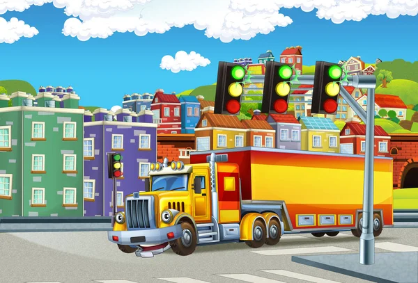 卡通场景与大卡车与卡车拖车在城市的中间 例证为孩子 — 图库照片