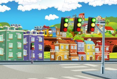 farklı kullanım için şehrin ortasındaki mutlu ve komik bir sahne - çocuklar için illüstrasyon