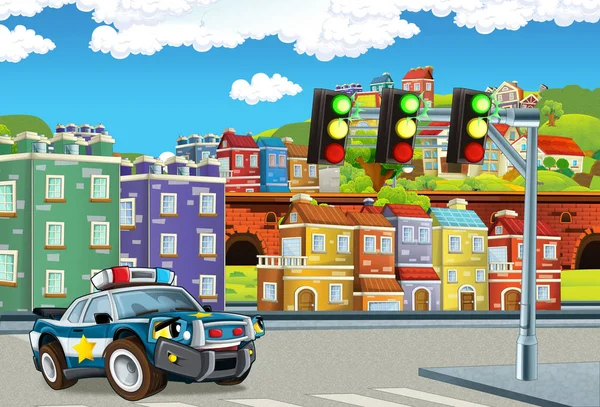 Escena Dibujos Animados Con Coche Policía Patrullando Calles Ciudad Ilustración — Foto de Stock