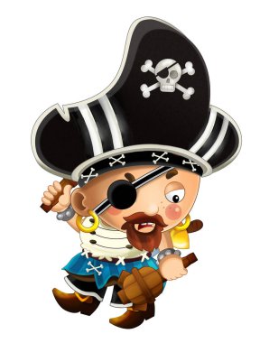 Sırtında kılıç olan korsan yüzbaşının beyaz arka planda olduğu karikatür sahnesi - çocuklar için illüstrasyon