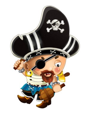 Sırtında kılıç olan korsan yüzbaşının beyaz arka planda olduğu karikatür sahnesi - çocuklar için illüstrasyon