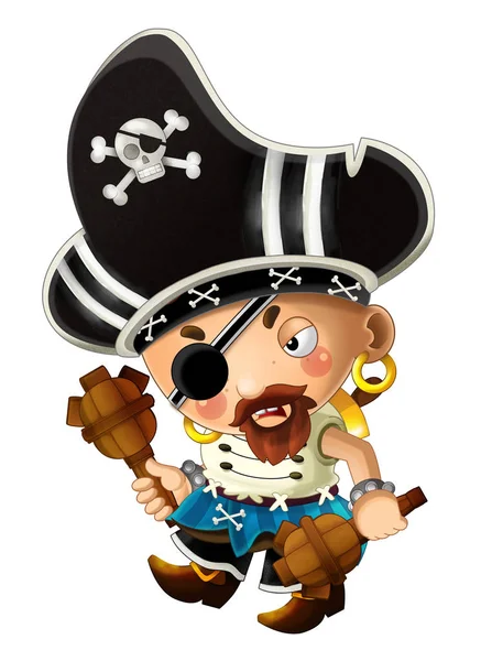 Scena Kreskówka Piratem Człowiek Kapitan Mieczem Plecach Białym Tle Ilustracja — Zdjęcie stockowe