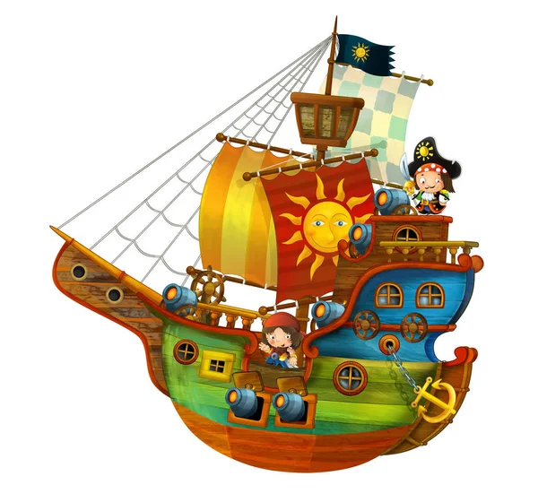 Cartoon Pirate Ship Happy Pirates Still Hot Cannons White Background — Stock Photo, Image