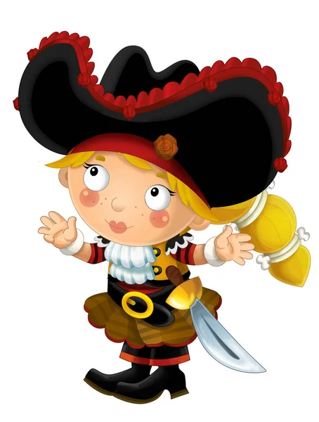 Feliz Caricatura Sonriente Mujer Pirata Medieval Pie Sonriendo Con Espada —  Fotos de Stock