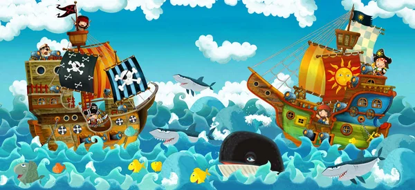Rajzfilm Jelenet Kalózok Tengeri Csata Illusztráció Gyerekeknek — Stock Fotó