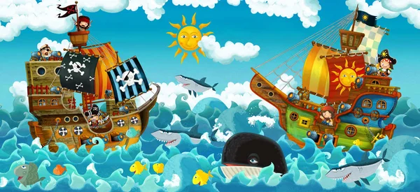 Cartoon Scène Met Piraten Zeeslag Illustratie Voor Kinderen — Stockfoto