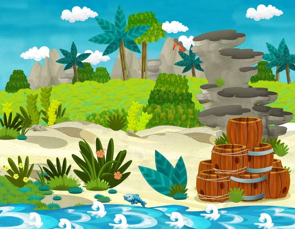 いくつかの熱帯の島 子供のための図の伝統的な木樽でビーチの海岸と漫画のシーン — ストック写真