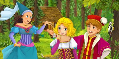 mutlu genç seven çift kız ormandaki büyücü gizli ahşap ev - illüstrasyon çocuklar için karşılaşma ile çizgi film sahne