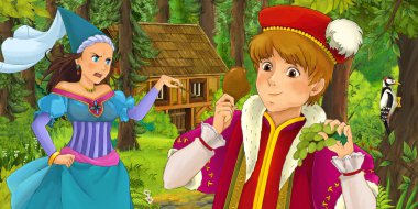 çizgi film sahne seyahat ve Prenses büyücü ve orman - illüstrasyon çocuklar için gizli ahşap evde karşılaşma genç Prens ile