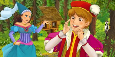 çizgi film sahne seyahat ve Prenses büyücü ve orman - illüstrasyon çocuklar için gizli ahşap evde karşılaşma genç Prens ile