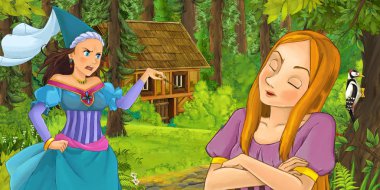 mutlu genç kız ormandaki büyücü gizli ahşap ev - illüstrasyon çocuklar için karşılaşma ile çizgi film sahne