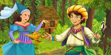 çizgi film sahne seyahat ve Prenses büyücü ve orman - illüstrasyon çocuklar için gizli ahşap evde karşılaşma genç Prens ile