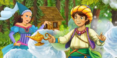 çizgi film sahne seyahat ve Prenses büyücü ve orman - illüstrasyon çocuklar için gizli ahşap evde karşılaşma genç Prens ile