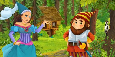 çizgi film sahne ile seyahat ve Prenses büyücü ve orman - illüstrasyon çocuklar için gizli ahşap evde karşılaşma mutlu cüce