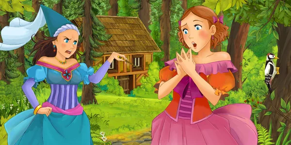 幸せ少女魔術師隠された木造住宅 子供のための図が発生してフォレスト内の漫画シーン — ストック写真