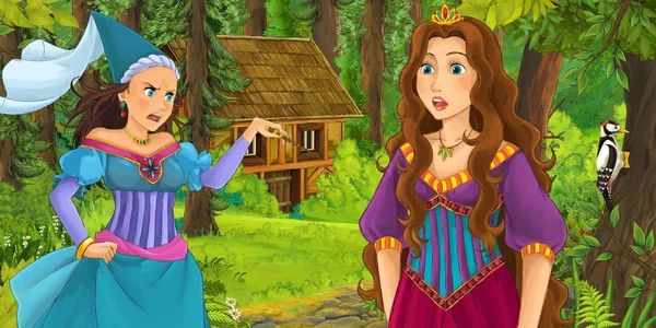 Cartoon Scene Happy Young Girl Forest Encountering Sorceress Hidden Wooden — Stock Photo, Image