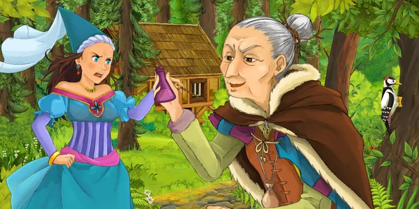 cartoon scene with happy older woman in the forest encountering sorceress hidden wooden house - illustration for children