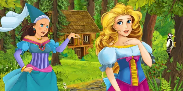 Cartoon Scene Happy Young Girl Forest Encountering Sorceress Hidden Wooden — Stock Photo, Image