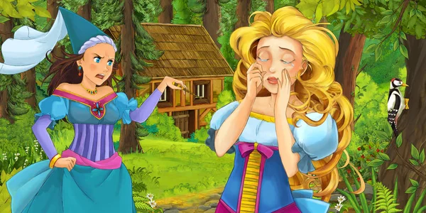 Scène Dessin Animé Avec Jeune Fille Heureuse Dans Forêt Rencontrant — Photo