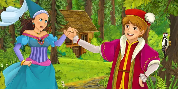 Cartoon Scene Young Prince Traveling Encountering Princess Sorceress Hidden Wooden — Stock Photo, Image