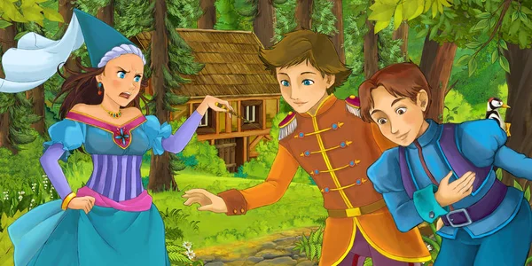 卡通场景与年轻的王子旅行和遇到公主女巫和隐藏的木结构房子在森林 例证为孩子 — 图库照片