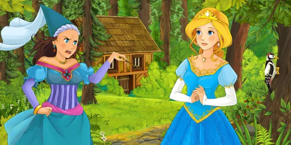 Kreslený Scény Šťastná Mladá Dívka Lese Setkání Čarodějkou Skryté Dřevěný — Stock fotografie