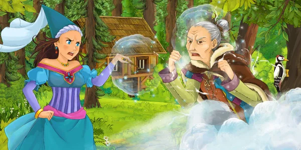 Kreslený Scény Starší Čarodějnice Lese Setkání Čarodějkou Skryté Dřevěný Dům — Stock fotografie