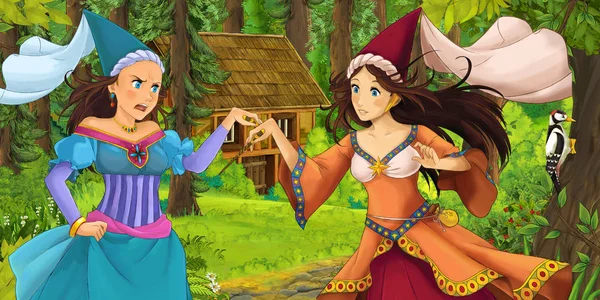 Cartoon Scene Happy Young Witch Girl Forest Encountering Sorceress Hidden — Stock Photo, Image