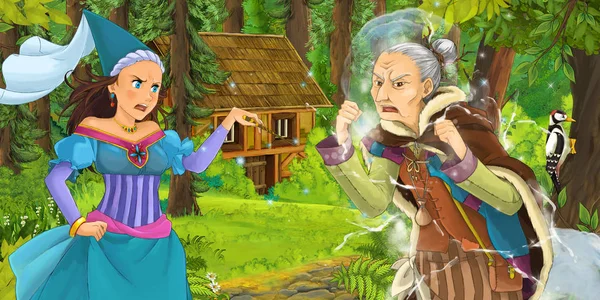 Cartoon Scen Med Äldre Häxa Skogen Stöter Sorceress Dolda Trähus — Stockfoto