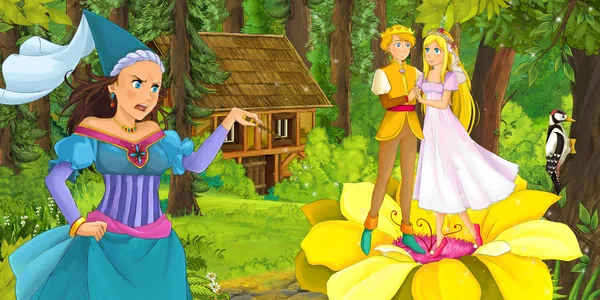 Kreslený Scény Šťastné Milující Pár Dívka Lese Setkání Čarodějkou Skryté — Stock fotografie