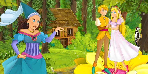 Kreslený Scény Šťastné Milující Pár Dívka Lese Setkání Čarodějkou Skryté — Stock fotografie