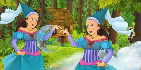 Cartoon Scene Happy Young Witch Girl Forest Encountering Sorceress Hidden — Stock Photo, Image