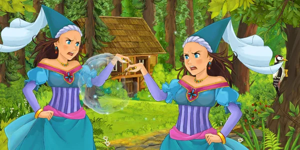 Γελοιογραφία Σκηνή Ευτυχισμένο Νεαρή Μάγισσα Κορίτσι Στο Δάσος Συναντά Κρυφά — Φωτογραφία Αρχείου