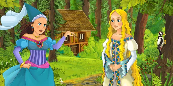 Cartoon Scene Happy Young Girl Forest Encountering Sorceress Hidden Wooden — Stock Photo, Image