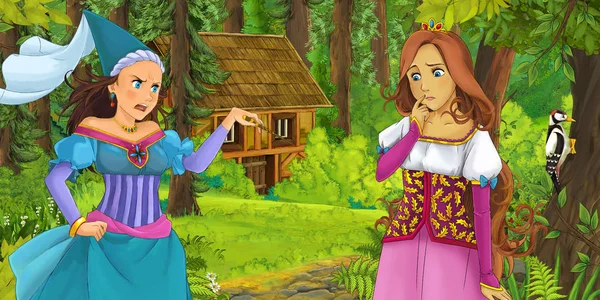 卡通场景与快乐的年轻女孩在森林中遇到女巫隐藏的木房子 插图为孩子们 — 图库照片