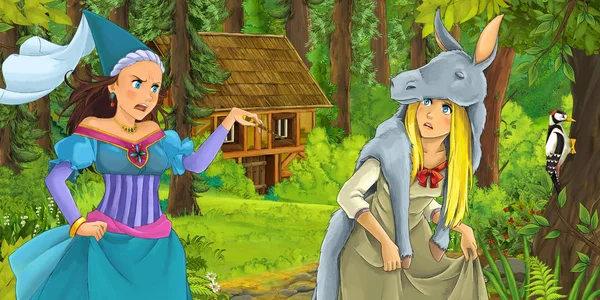 Scène Dessin Animé Avec Jeune Fille Heureuse Dans Forêt Rencontrant — Photo