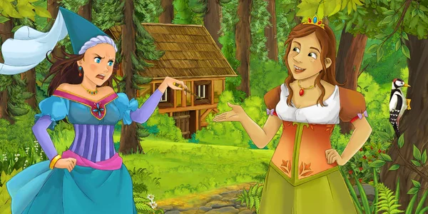Kreslený Scény Šťastná Mladá Dívka Lese Setkání Čarodějkou Skryté Dřevěný — Stock fotografie