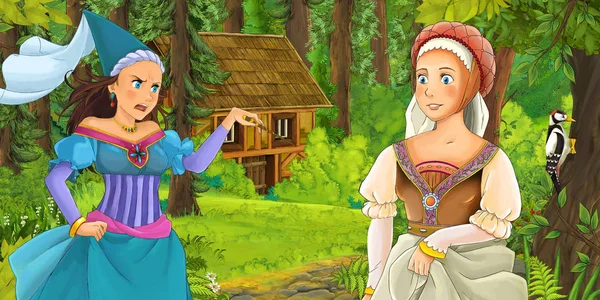 Cartoon Scene Happy Young Girl Forest Encountering Sorceress Hidden Wooden — Stock Photo, Image