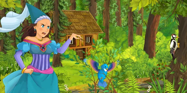 Kreslený Scény Šťastná Mladá Dívka Lese Setkávají Skryté Dřevěný Dům — Stock fotografie